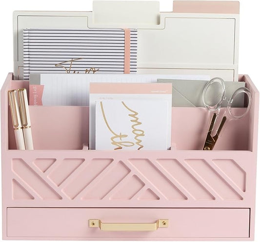 BLU MONACO Pink Wooden Desk Organizer with Storage Drawer and Gold Handle – Cute Office Supplies Holder – Mail Storage for Desktop at Home, Office, or Workspace-NeatNest