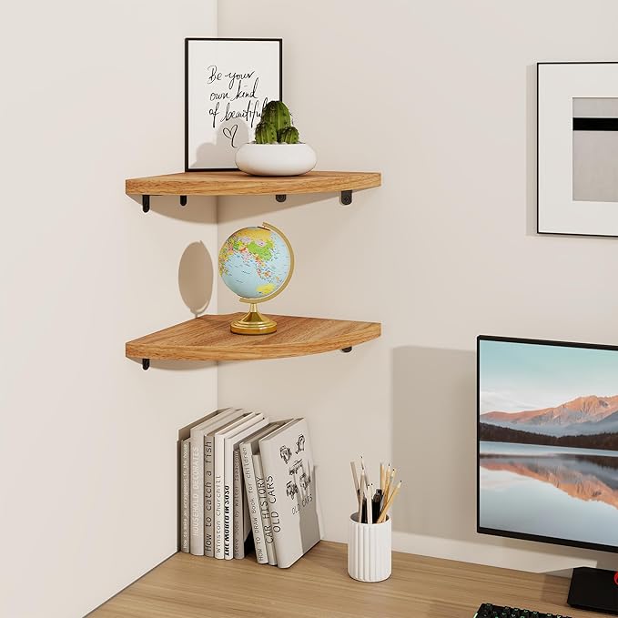 Fun Memories Corner Shelf Wall Mount Set of 2 - Solid Oak Wood Floating Corner Shelf with Cable Hole, 10in Rustic Design for Bedroom, Living Room, Kitchen (Natural)-NeatNest
