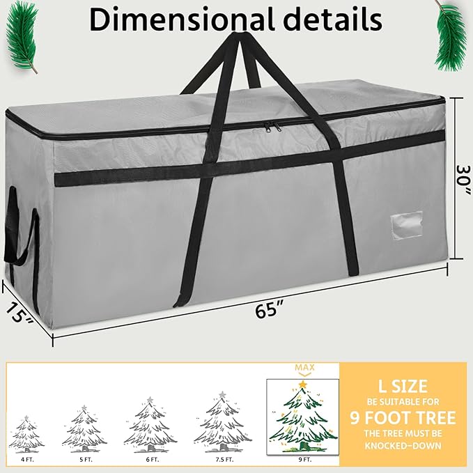 9 ft Christmas Tree Storage Bag, Heavy Duty Christmas Tree Bag with Reinforced Handles and Dual Zippers Wide Opening, Large Capacity fits for Artificial Christmas Tree (Grey, 9 ft)-NeatNest