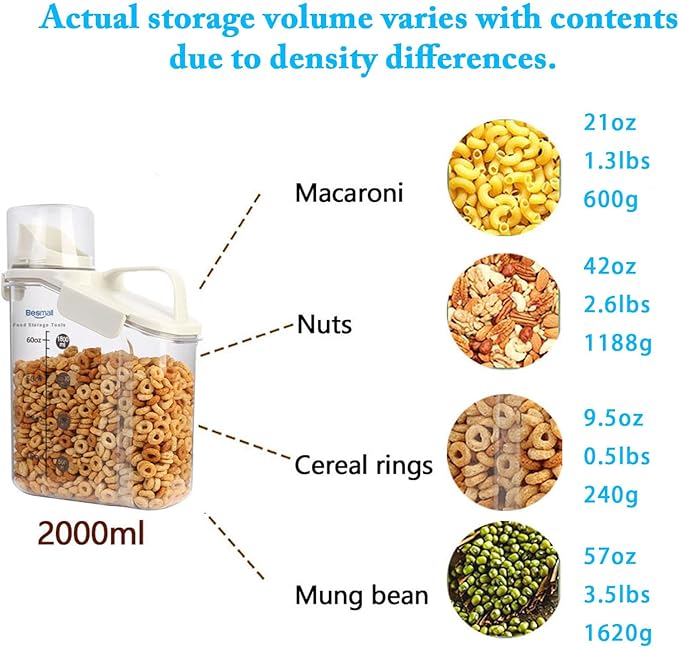 Cereal Containers Storage,2L Airtight Large Dry Food Storage Containers with Pouring Spout, Measuring Cup for Flour and Grain,BPA Free Plastic Dispenser ((1pcs) White-67oz)-NeatNest