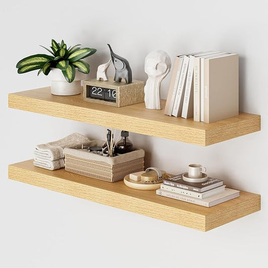 Heimlove 36 Inch Wall Shelf Bathroom Shelves Set of 2, 12" Deep Floating Shelves for Wall, Wall Mounted Shelves for Books Living Room Laundry Room Bedroom Kitchen Home Office, Oak-NeatNest
