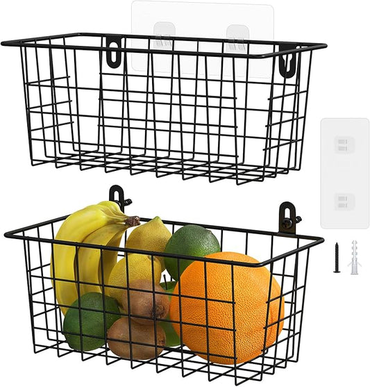 MaraFansie Hanging Kitchen Baskets Wire Storage Basket Adhesive and Screws Basket Over the Cabinet Door Organizer with Adhesive Strips and Screws Accessories, 2 Pack, Black