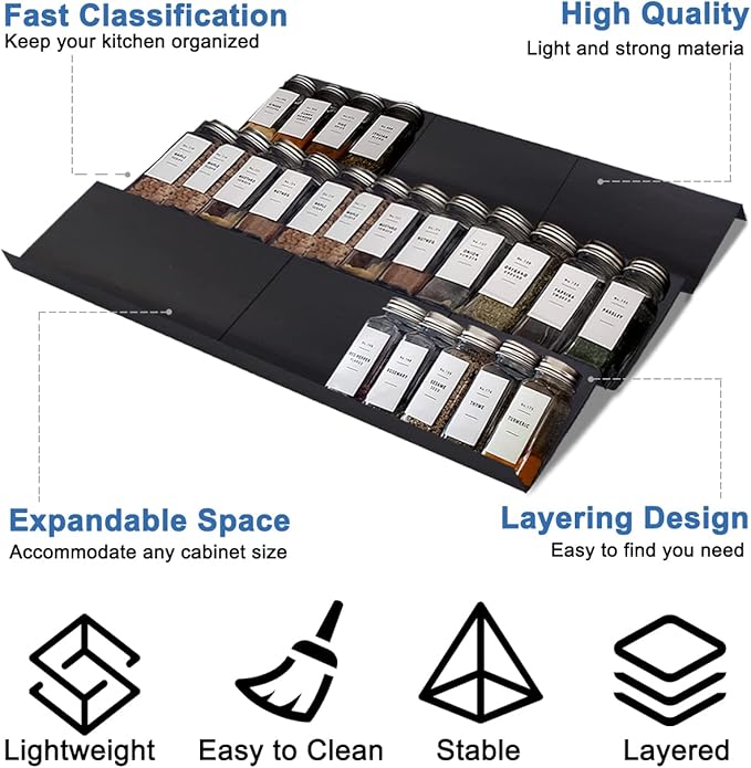 Expandable Spice Drawer Rack Organizer Insert for Kitchen Cabinet - Multi Tier Adjustable Spice Storage Shelf for Seasoning and Jar, Pack of 9-NeatNest