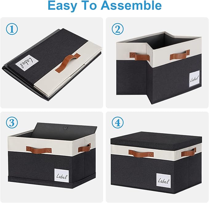 Extra Large Storage Bins with Lids, Foldable Fabric Storage Baskets with Lids, Sturdy Storage Boxes with Labels and 3 PU Handles for Closet Home Bedroom Office (32L, 3 Packs, Black&White)-NeatNest