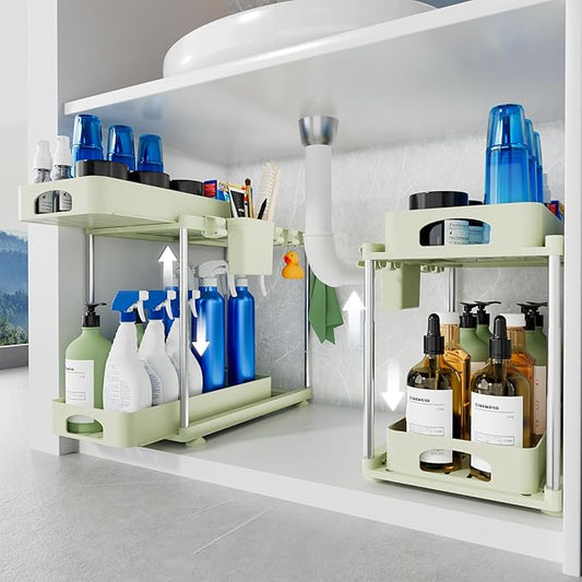 Under Sink Organizer, 2 Pack Under Kitchen Bathroom Cabinet Organizer, 2 Tier Under Bathroom Kitchen Sink Organizer, Adjustable Height Bathroom Kitchen Cabinet Organizers and Storage, Green-NeatNest