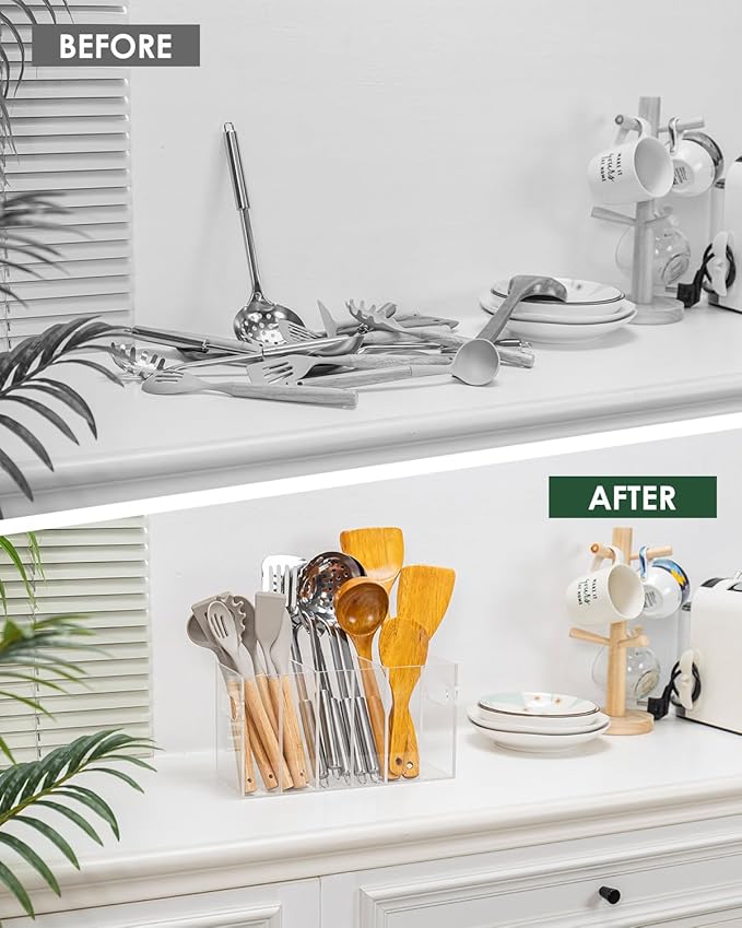 HAYVAN Clear Acrylic Utensil Holder for Kitchen Counter - Space-saving Organizer with 3 Adjustable Dividers - Easy to Use & Clean, Utensil Caddy for Kitchen Storage & Decor