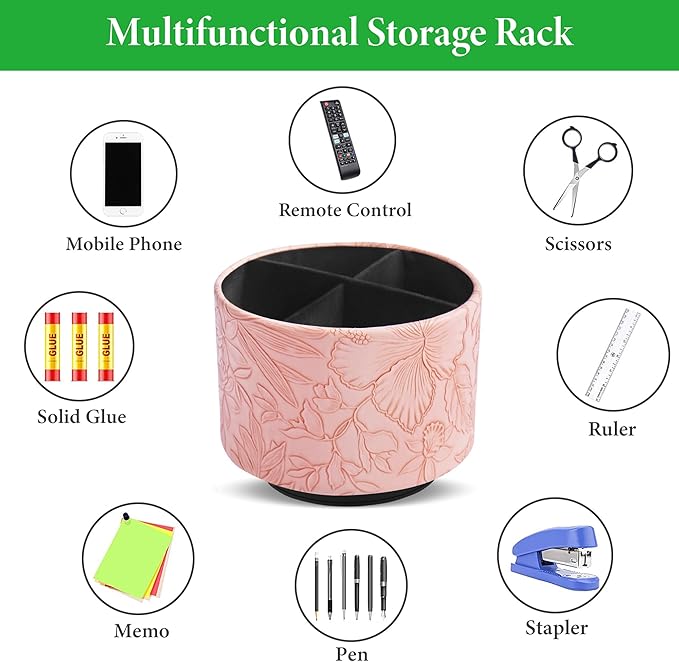 Hennaja Round Leather Art Supply Organizer,Remote Control Holder,360 Degree Spinning,Multi-Functional Pencil Holder,4 Compartments Desktop Stationary Organizer(1-Carved Pink)-NeatNest