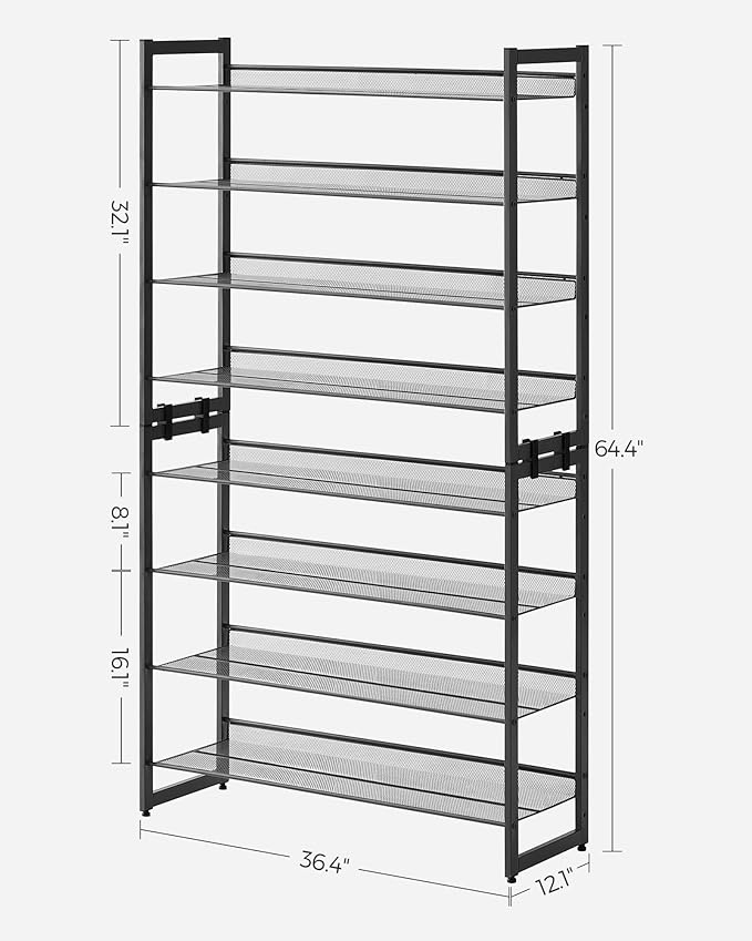 SONGMICS Shoe Rack, 8-Tier Shoe Organizer, Metal Rack for Garage, Set of 2, 4-Tier Stackable Shelf, with Adjustable Flat or Angled Shelves, 32-40 Pairs, Ink Black ULMR08B-NeatNest