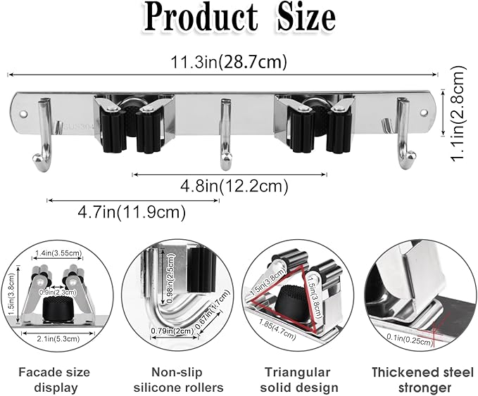 2 Racks and 3 Hooks Broom and Mop Holder Wall Mounted Garage Organizer Storage Tool Racks Stainless Steel Heavy Duty Hooks Self Adhesive Solid Non-slip Wall Hangers for Home Kitchen Garden Laundry-NeatNest
