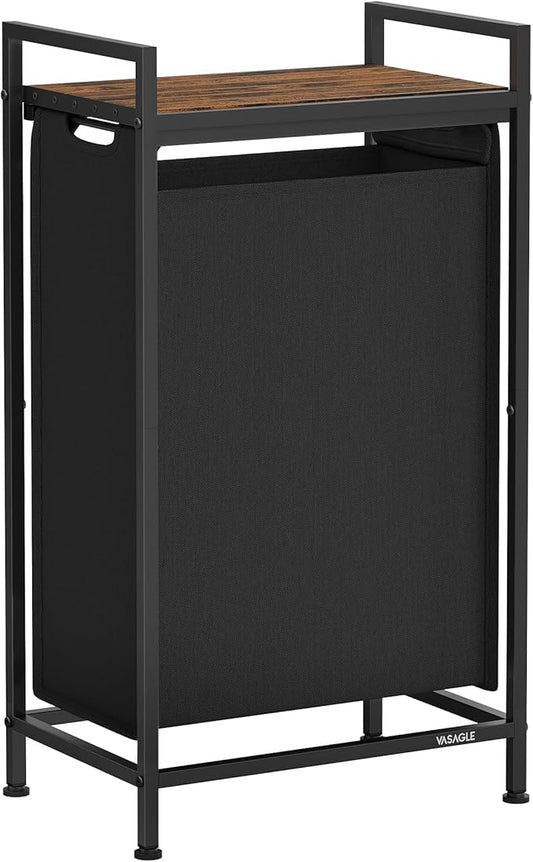 VASAGLE Laundry Hamper, Laundry Basket, Laundry Sorter with a Pull-Out and Removable Bag, Shelf, Metal Frame, 12.4 Gallons (47 L), 16.5 x 11 x 29.5 Inches, Ink Black and Rustic Brown UBLH001B01-NeatNest