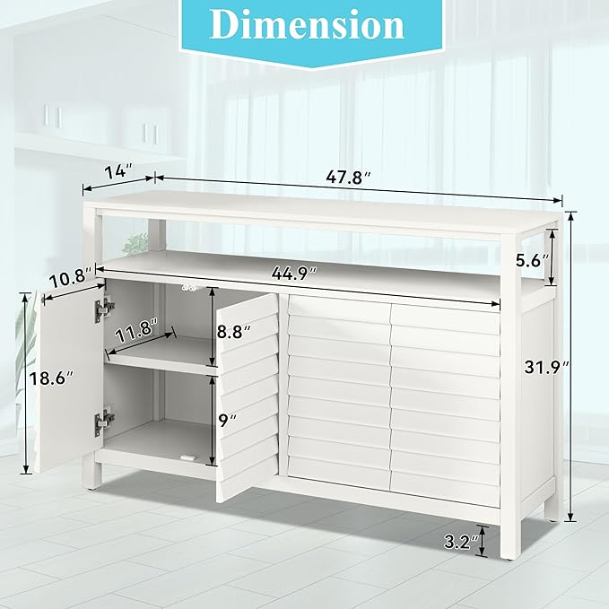 HLR Bathroom Floor Storage Cabinet, Farmhouse Sideboard with Decorative Louvered Doors, Bathroom Storage Unit with 4 Doors & Shelves, Freestanding Credenza for Dining Room, Living Room, Hallway, White-NeatNest