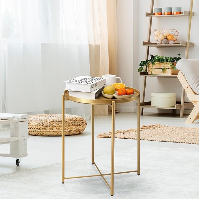 danpinera Gold Side Table 2 Pack, End Table for Small Spaces Outdoor Accent Table Round Metal Patio Coffee Table Waterproof Removable Tray for Living Room Bedroom Balcony Office-NeatNest