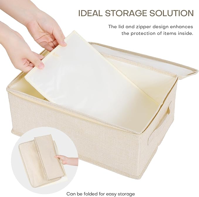 ANMINY 3PCS Storage Bins with Zipper Lids 13 Qt Lidded Fabric Storage Boxes Baskets Cubes with Handles Collapsible Washable Cotton Linen Closet Shelf Clothes Organizer Containers - Beige, Small-NeatNest