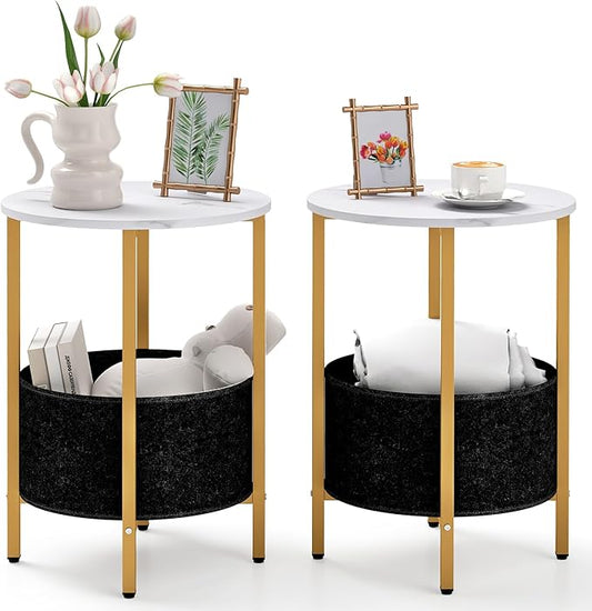 GOFALME Round End Table with Storage Set of 2, Sofa Side Table with Removable Fabric Basket, Metal Frame, Faux Marble Top, Modern, 2-Tier Bedside Table for Living Room, Bedroom, White