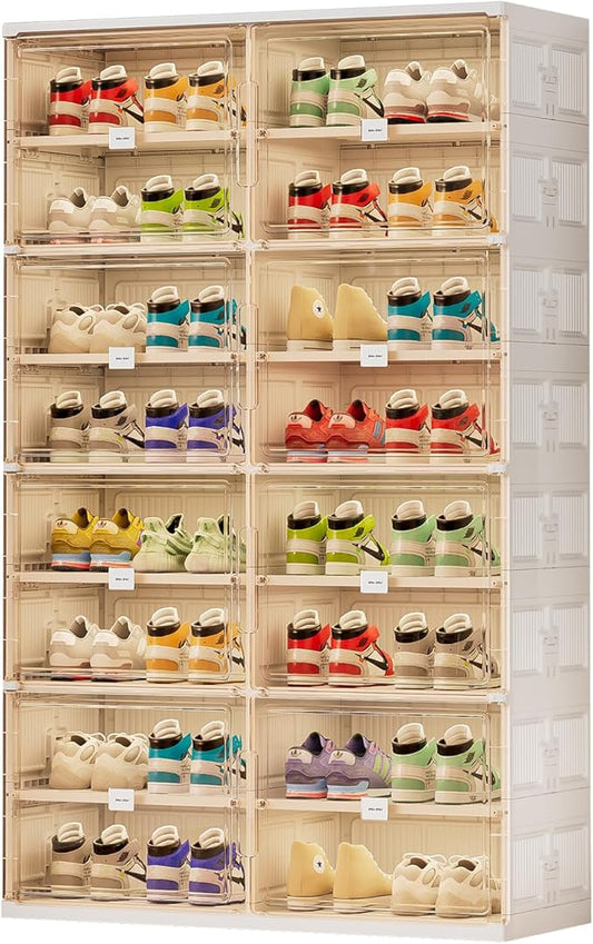 JEKO&JEKO 8 Tiers Foldable Shoe Rack Organizer Cabinet for Closet Entryway, Large Collapsible Shoe Storage Box with Magnetic Doors Fits Up to 32 Pairs (White)-NeatNest