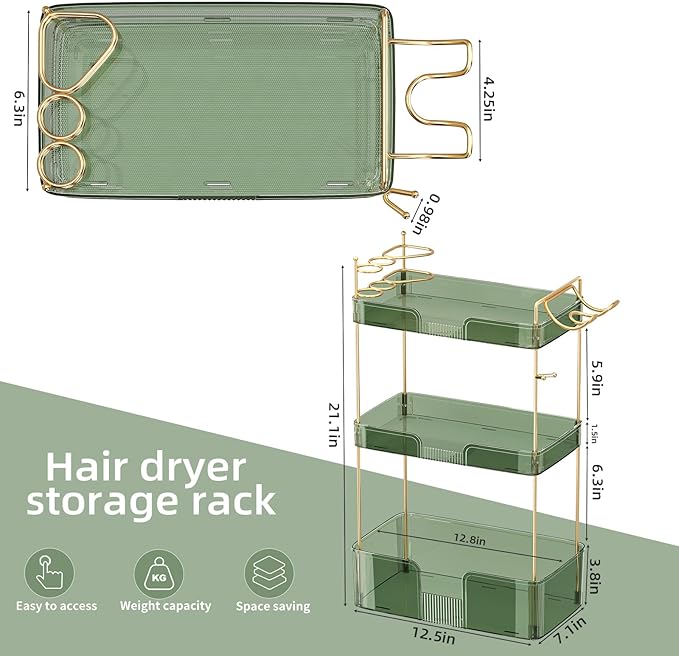 3 Tier Bathroom Organizer Countertop Makeup Perfume Tray Skincare Organizer Comes with Hair Dryer Rack and Toothbrush Holder for Bathroom Dresser Vanity (Green)-NeatNest