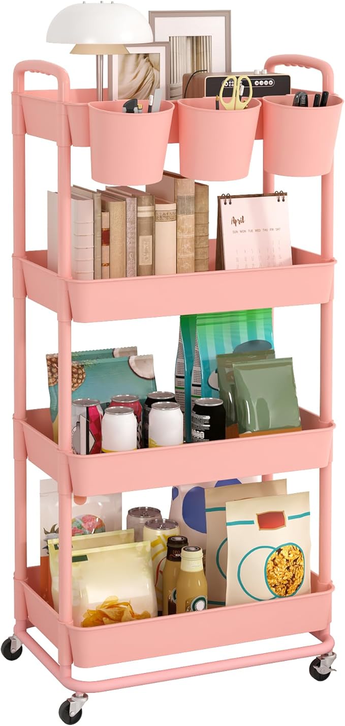 JIUYOTREE 4-Tier Plastic Rolling Storage Cart Utility Cart with Extra Hanging Cups Handles Lockable Wheels for Living Room Bathroom Kitchen Office Pink-NeatNest
