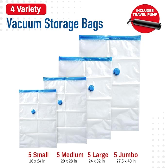 20-Pack Variety Vacuum Storage Bags for Comforters, Blankets & Clothes – Vacuum Sealed Compression Bags with Hand Pump – Space Saver Storage Bags for Bedding,Travel & Organization (5S, 5M, 5L & 5XL)-NeatNest