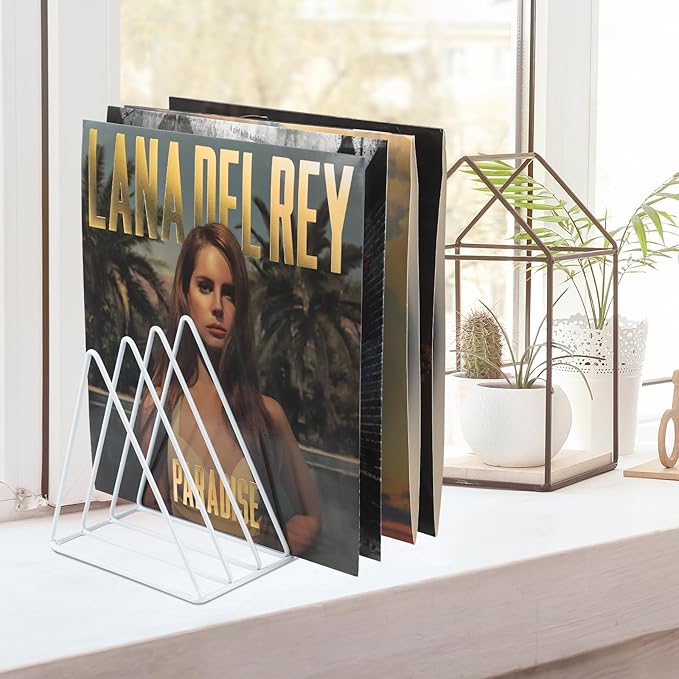 COSYAWN Triangle 7 Slot Vinyl Record Holder, Anti-Rust Metal Magazine Album Display Rack Desktop File Sorter Organizer, Paper Letter Newspaper Storage for Home Office, White 2 PACK