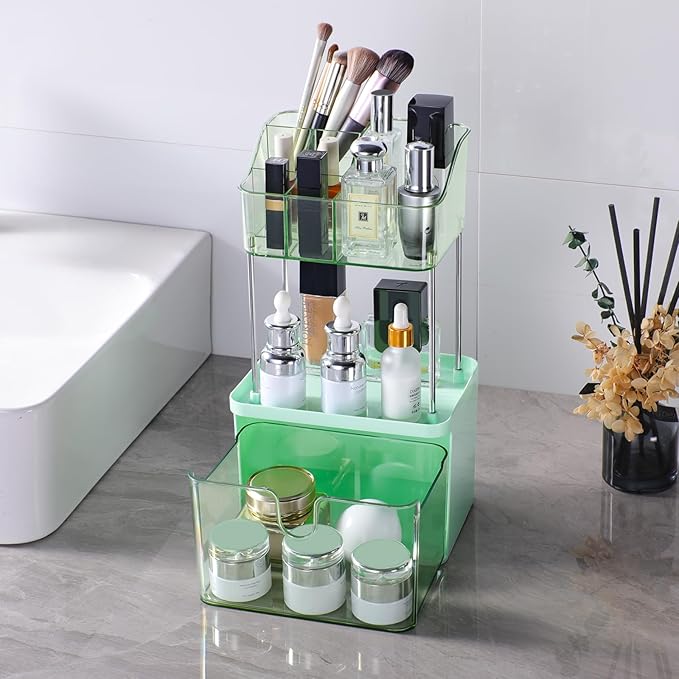 Makeup Organizer Countertop with Drawer, Bathroom Counter Organizers, Anti-Slip Dustproof Exquisite Dresser Vanity Storage for Skin Care Perfume Beauty Lipstick,Green