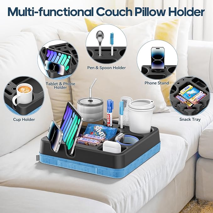 Couch Cup Holder Tray Couch Cup Holder Pillow Bed Tray Snack Sofa Bed Caddy Organizer Beach Sofa Drink Holder Anti-Spill Portable Snack Caddy Couch Remote Holder for Phone Pad Kindle Beverage Blue-NeatNest