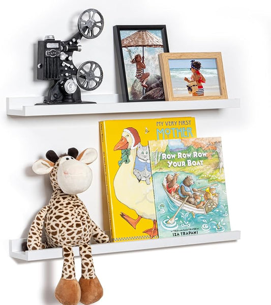Fun Memories Picture Ledge Shelf, 24 Inch Floating Shelves Set of 2, Nursery Book Shelves for Toys Storage, Kids Bookshelf Wall Mounted for Wall Decor Books Photo Frames, White-NeatNest