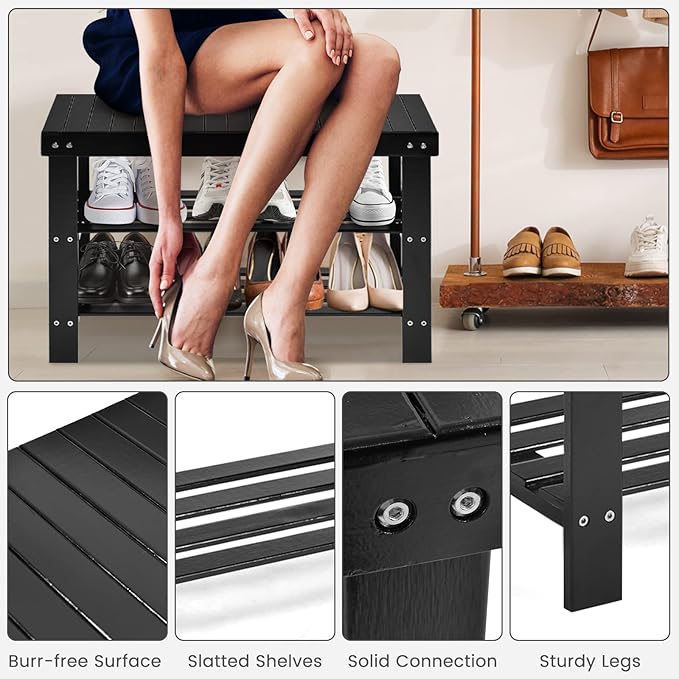 Giantex Entryway Shoe Bench, Bamboo Shoe Shelf Organizer Holds up to 6 Pairs, 3-Tier Black Shoe Storage Rack Heels, Slippers for Entry, Living Room, Bathroom (Black)