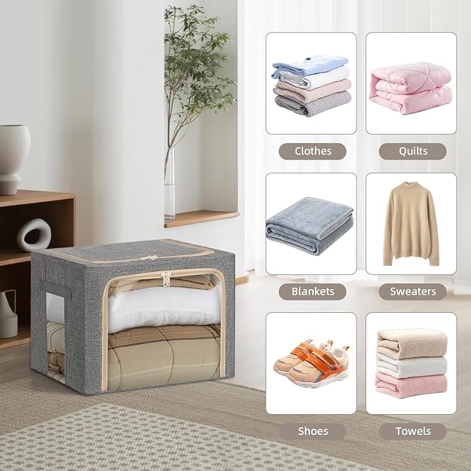 6-Pack Clothes Storage Bags, Foldable Storage Bins with Metal Frame, Clear Window, Reinforced Handles, Durable Non-Woven Fabric for Clothes, Bedding, Blankets, 40L, Gray-NeatNest