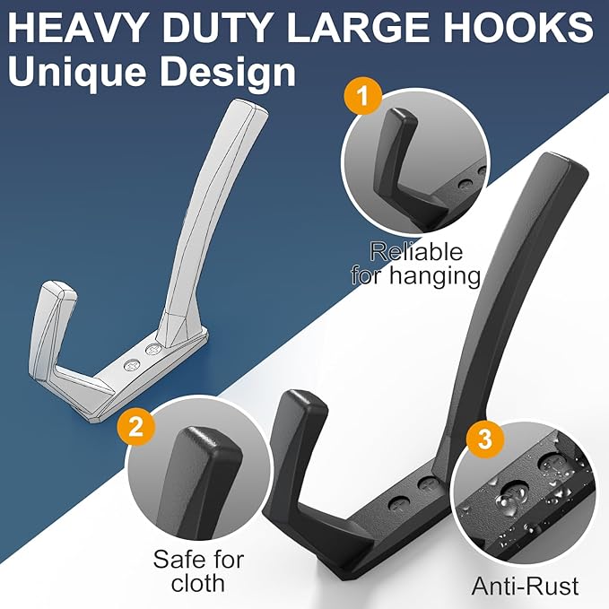 Heavy Duty Wall Hooks, 5.7 Inch Large Coat Hooks, 6 Packs Towel Hooks for Hanging in Bathroom, Bedroom, Entryway, Kitchen, etc (Black, 6 Pack)