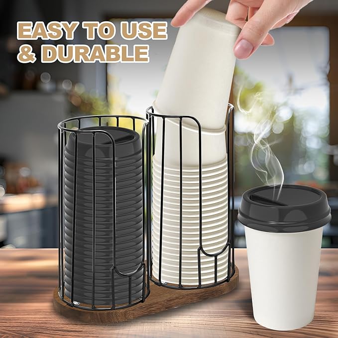 2-Compartment 18oz Coffee Cup Dispenser Rack with Wood Base, Disposable Cup, and Lid Organizer for Countertop - Perfect for Paper Cups, and Lid Organizer-NeatNest
