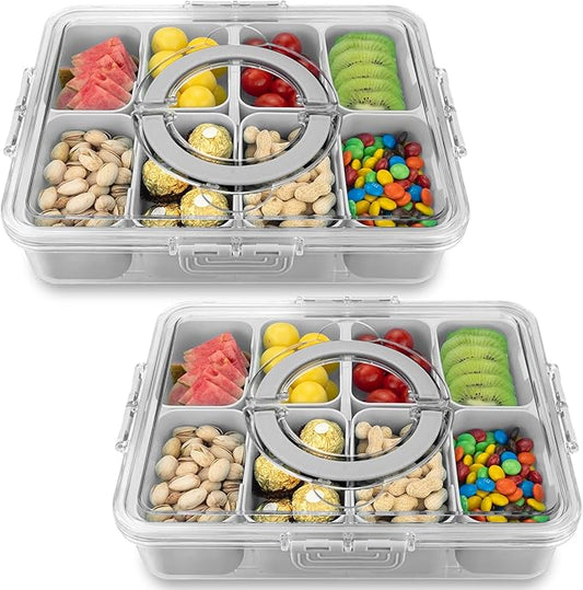 Divided Serving Tray with Lid and Handle,8 Compartments Snacks Box,Snack Fruit and Veggie Tray,Portable Platter for Candy Fruits Nuts Snack Party Entertaining Picnic (2 PCS Grey)-NeatNest