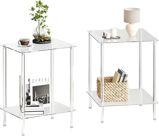 empered Glass Side Tables Set of 2 Acrylic End Table with 2 Storage Shelve transparent Bedside simplicity clear 2-Tier Nightstands small Spaces Office Bedroom Living Room Study Transparent ET-008TR
