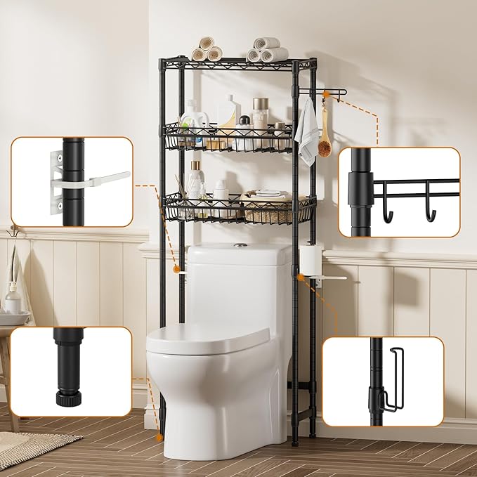 3-Tier Over-The-Toilet Storage Shelf,Heavy-Duty Adjustable Bathroom Rack with 2 Mesh Baskets,Toilet Paper Holder & Hooks,Space-Saving Organizer for Bathroom,10”D x 24”W x 66”H,Black