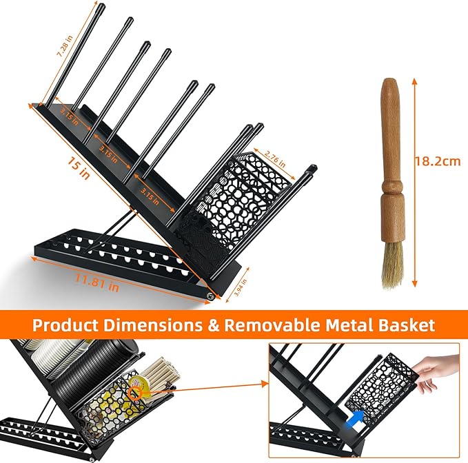 Coffee Cup and Lid Holder with Straw Holder/Coffee Clean Brush, Metal Adjustable Bar Organizer 4 Compartment Cup Dispenser Organizers for Station Home Countertop Bar Breakroom (Black)-NeatNest