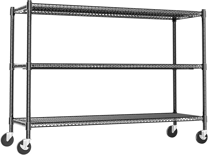 GIOTORENT 3-Tier Heavy Duty Storage Shelves with Wheels, 59.6" W x 24" D x 51.6" H, 1500LB Capacity Mobile Metal Shelving Unit, 1IN Adjustable Height for Garage & Warehouse, Black