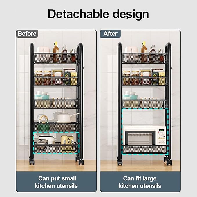 3/4/5 Tier Fruit Vegetable Basket, Stackable Metal Mesh Storage Basket with 360 Degree Wheels, Fruit Vegetable Produce Basket Storage Organizer for Kitchen, Pantry, Bathroom Black 5-Layers