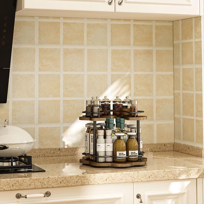 2 Tier Lazy Susan Organizer,2-Tier Spinning Spice Rack with Stable Carousel Base & 4 Height Settings for Cupboard Kitchen Countertop Dining Table Cupboard (Petal Shape)-NeatNest
