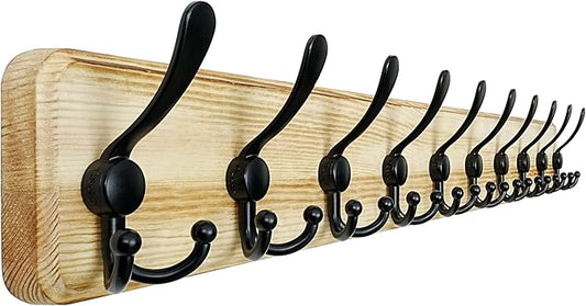 Dseap Coat Rack Wall Mount - 38-1/4" Long, Heavy-Duty, 10-Hooks, Rustic Wooden Wall Coat Hanger Hook Rail for Winter Jackets, Hats, & Clothing, Light Brown & Black