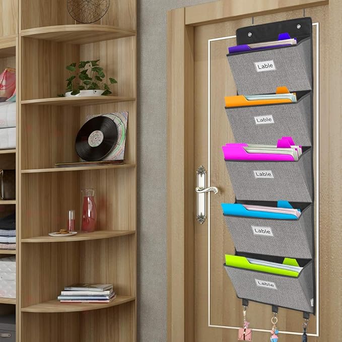 homyfort Over the Door File Organizer, Wall Hanging File Folders with 5 Large Pocket for Mails, Magazines, Back to School Supplies,Office Chart Storage, Paper Organization (Grey)-NeatNest