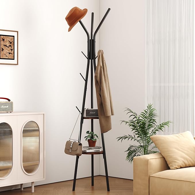 HOMEFORT Coat Rack, Coat Hanger Stand with 2 Shelves, Freestanding Hall Tree, Metal Hat Hanger with 12 Hooks for Clothes Hats and Scarves, Black and Rustic Brown,15.7" Wx15.7 Dx72.8H-NeatNest