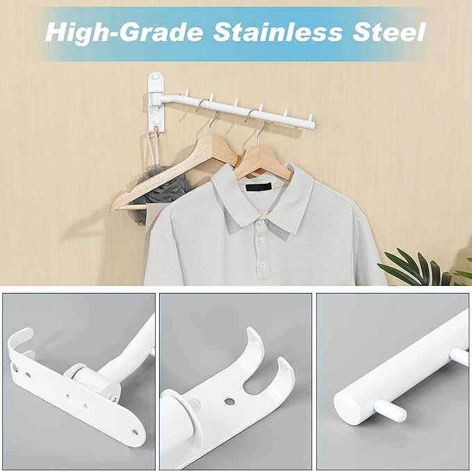 Alise Swivel Clothes Hanger Rack, Stainless Steel Laundry Wall Mounted Drying Rack, Space Saver Clothing Hanging With for Closet Bedroom Laundry, White, 2 Pack-NeatNest