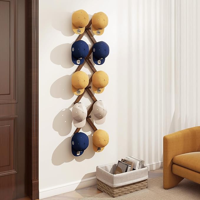 Homode Accordion Wall Hanger, Hat Rack for Wall, Wood Expandable Coat Rack, Vintage Accordian Peg Hooks Purse Organizer for Hanging Baseball Caps, Coffee Mug, Hats, Clothes, Backpack, Towel-NeatNest