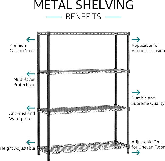 IZEUK 1400 LBS Garage Black Shelving Wide Storage Shelves 4 Tier Adjustable Heavy Duty Metal Wire Rack Standing Shelf Unit for Kitchen Office College Dorm Garage Warehouse 15.8" x 45.8"x 59.4"-NeatNest