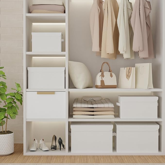 Foldable Storage Bin, Cube Organizer Basket with Flip-Top Lid and 2 Handles, Decorative Boxes for Shelves with Cover for Clothes, Towels, Blanket, 4 Pack, White, 13 x 9 x 7.9 In, XSNY12WM-4-NeatNest