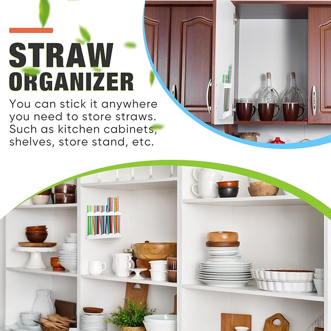 Acrylic Straw Holder for Cabinet Door with Double Sided Adhesive Tape Reusable Straw Organizer Tumbler Storage Kitchen Accessories Container for Counter Cupboard(Wave,Large,White)