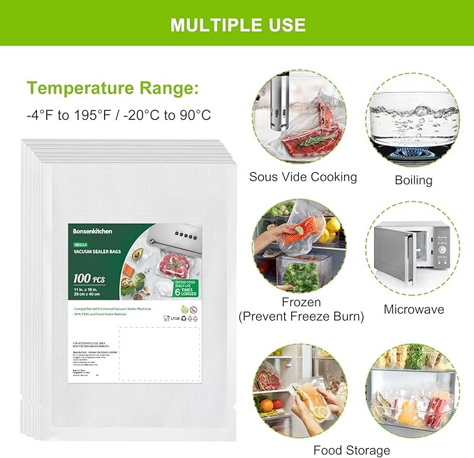 Bonsenkitchen Precut Vacuum Sealer Bags, 100 Gallon 11" x 16" Food Sealer Bags, Food Grade, BPA Free, Heavy Duty, Customized Vacuum Bags for Vac Storage, Meal Prep or Sous Vide Cooking, VB3214-NeatNest