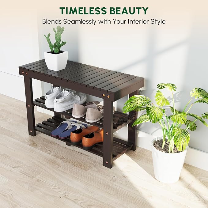 BEEFURNI Acacia Shoe Rack Bench, 3-Tier Sturdy Shoe Storage Bench, Wooden Footwear Organizer for Boots, 300 LBS Load Capacity, Perfect for Closet Entryway Bathroom, 1-Year Manufacturer Warranty, Brown-NeatNest