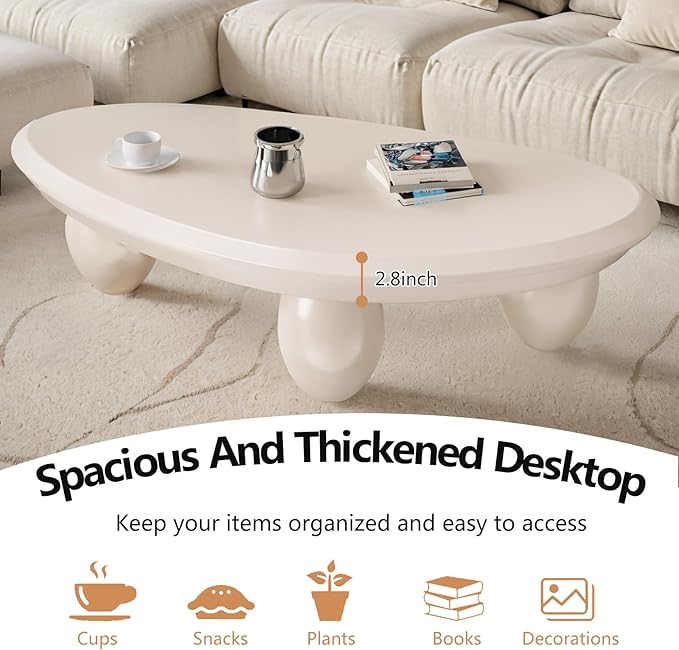Irregular Coffee Table with 3 Oval Legs Cream White Live Edge Coffee Table Modern Cute Cloud Indoor Central Table Low Tea Table for Living Room Easy Assembly,Water Drop c White 39.4"