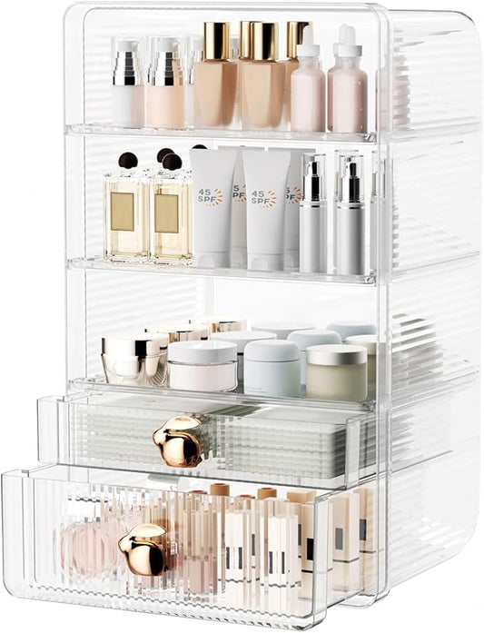 Large Makeup Organizer Countertop with 2 Drawers, Adjustable Tier Height, Bathroom Storage and Organization, Clear Vanity Shelves for Cosmetics Skincare Jewelry Dresser Bedroom Pantry