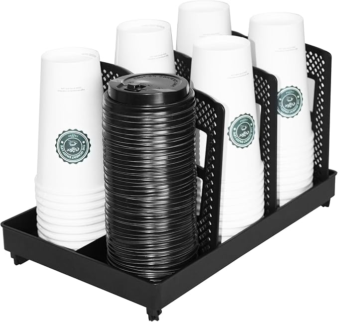 Coffee Cup Holder,Cup and Lid Dispenser with Stand,Disposable Cups Organizer,6 Slots,for Coffee Station,Bar,Office,Home,Restaurant,Breakroom,Countertop-NeatNest